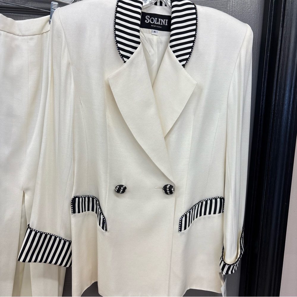 Vtg NWT SOLINI New York Cream Black Striped 2 Pc Skirt Suit Women Size 4